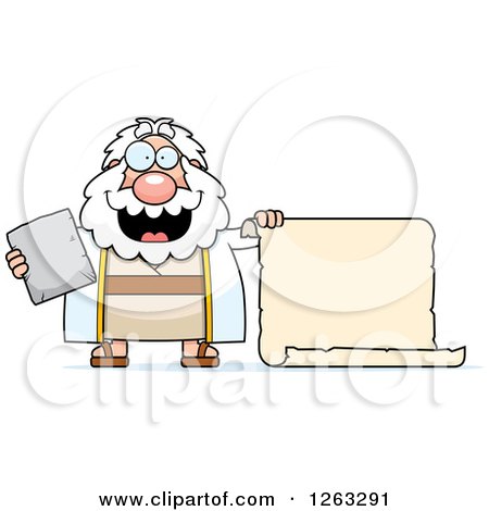 Clipart of a Cartoon Happy Chubby Moses Holding a Tablet and Scroll - Royalty Free Vector Illustration by Cory Thoman