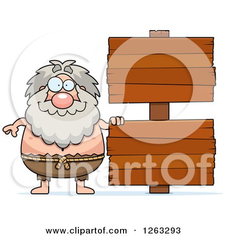 Clipart of a Cartoon Chubby Hermit Man with Wooden Signs - Royalty Free Vector Illustration by Cory Thoman