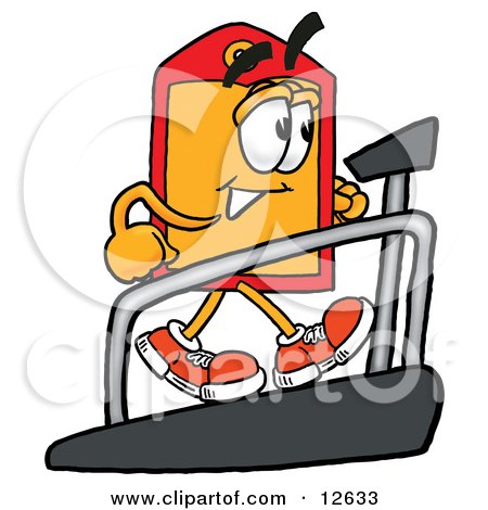 Clipart Picture of a Price Tag Mascot Cartoon Character Walking on a Treadmill in a Fitness Gym by Mascot Junction