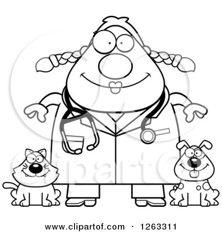 Clipart of a Black and White Cartoon Happy Chubby Female Veterinarian with a Cat and Dog - Royalty Free Vector Illustration by Cory Thoman