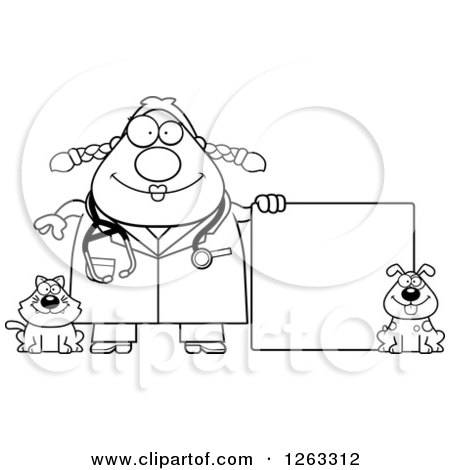 Clipart of a Black and White Cartoon Happy Chubby Female Veterinarian with a Cat and Dog and a Blank Sign - Royalty Free Vector Illustration by Cory Thoman