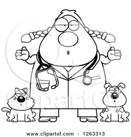 Clipart of a Black and White Cartoon Careless Shrugging Chubby Female Veterinarian with a Cat and Dog - Royalty Free Vector Illustration by Cory Thoman