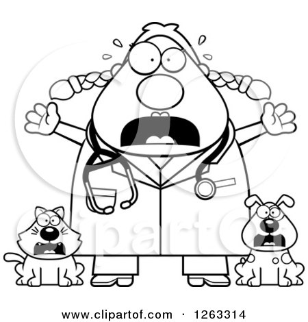 Clipart of a Black and White Cartoon Scared Screaming Chubby Female Veterinarian with a Cat and Dog - Royalty Free Vector Illustration by Cory Thoman