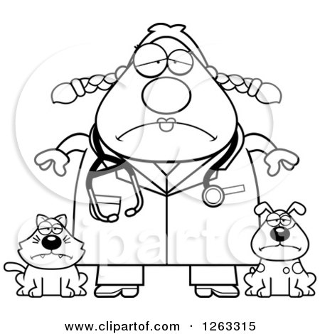 Clipart of a Black and White Cartoon Sad Depressed Chubby Female Veterinarian with a Cat and Dog - Royalty Free Vector Illustration by Cory Thoman