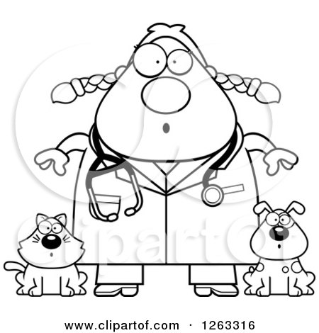 Clipart of a Black and White Cartoon Surprised Chubby Female Veterinarian with a Cat and Dog - Royalty Free Vector Illustration by Cory Thoman