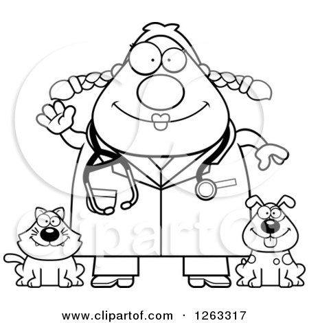 Clipart of a Black and White Cartoon Friendly Waving Chubby Female Veterinarian with a Cat and Dog - Royalty Free Vector Illustration by Cory Thoman
