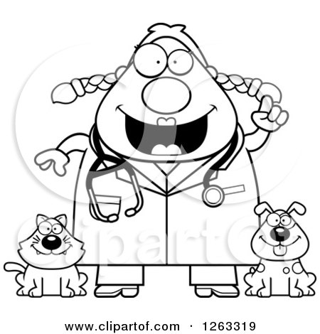 Clipart of a Black and White Cartoon Smart Chubby Female Veterinarian with a Cat and Dog and an Idea - Royalty Free Vector Illustration by Cory Thoman