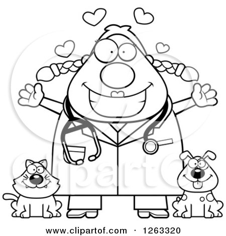 Clipart of a Black and White Cartoon Loving Chubby Female Veterinarian with a Cat and Dog - Royalty Free Vector Illustration by Cory Thoman