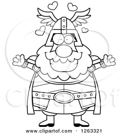 Clipart of a Black and White Cartoon Loving Chubby Thor with Open Arms and Hearts - Royalty Free Vector Illustration by Cory Thoman