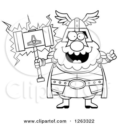 Clipart of a Black and White Cartoon Smart Chubby Thor Holding a Hammer - Royalty Free Vector Illustration by Cory Thoman