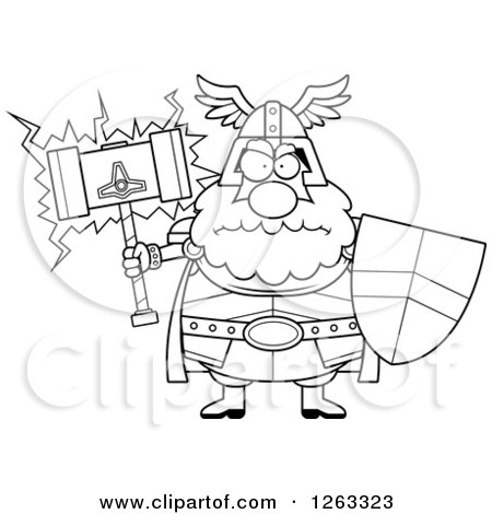 Clipart of a Black and White Cartoon Mad Chubby Thor Holding a Hammer and Shield - Royalty Free Vector Illustration by Cory Thoman