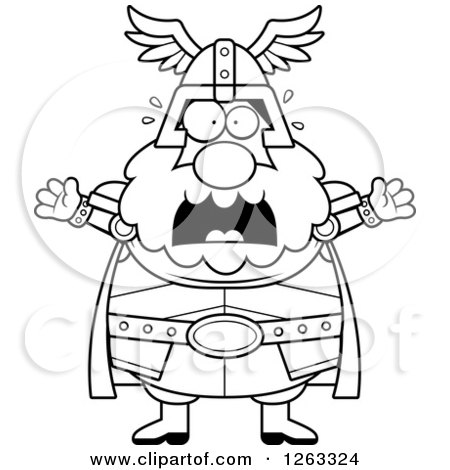 Clipart of a Black and White Cartoon Scared Screaming Chubby Thor - Royalty Free Vector Illustration by Cory Thoman