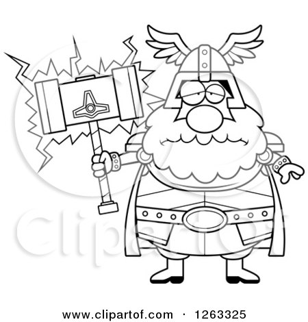 Clipart of a Black and White Cartoon Sad Depressed Chubby Thor Holding a Hammer - Royalty Free Vector Illustration by Cory Thoman