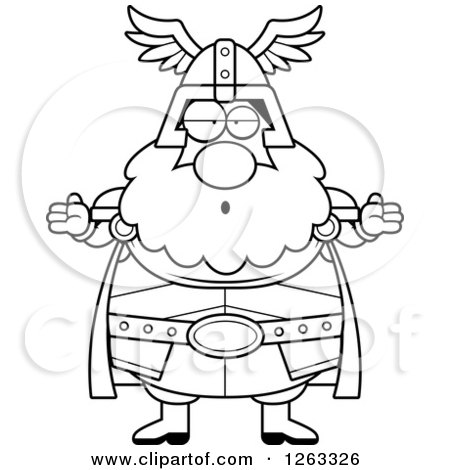 Clipart of a Black and White Cartoon Careless Shrugging Chubby Thor - Royalty Free Vector Illustration by Cory Thoman