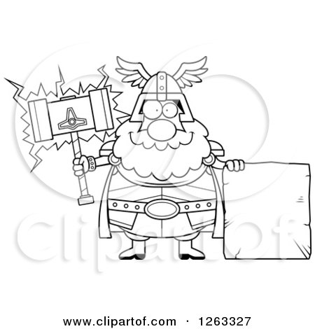 Clipart of a Black and White Cartoon Happy Chubby Thor Holding a Hammer by a Stone Sign - Royalty Free Vector Illustration by Cory Thoman