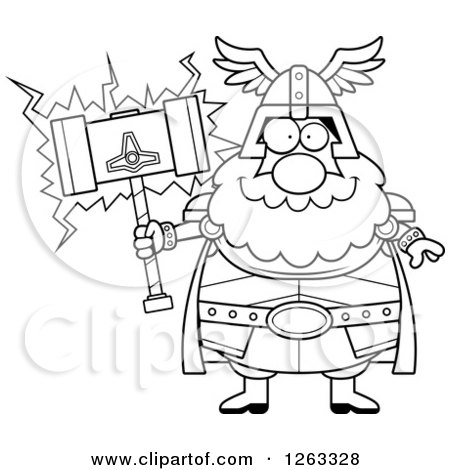 Clipart of a Black and White Cartoon Happy Chubby Thor Holding a Hammer - Royalty Free Vector Illustration by Cory Thoman