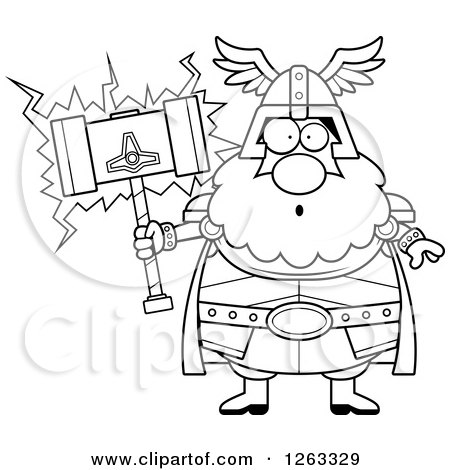 Clipart of a Black and White Cartoon Surprised Chubby Thor Holding a Hammer - Royalty Free Vector Illustration by Cory Thoman