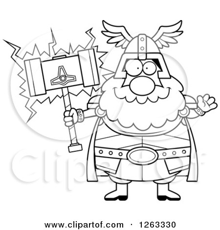 Clipart of a Black and White Cartoon Friendly Waving Chubby Thor Holding a Hammer - Royalty Free Vector Illustration by Cory Thoman
