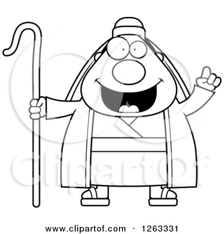 Clipart of a Black and White Cartoon Chubby Male Shepherd with an Idea - Royalty Free Vector Illustration by Cory Thoman