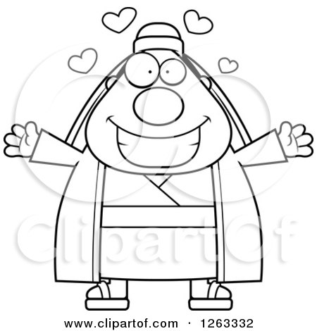 Clipart of a Black and White Cartoon Chubby Loving Male Shepherd with Open Arms and Hearts - Royalty Free Vector Illustration by Cory Thoman