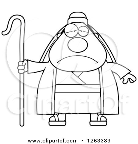 Clipart of a Black and White Cartoon Chubby Sad Depressed Male Shepherd - Royalty Free Vector Illustration by Cory Thoman