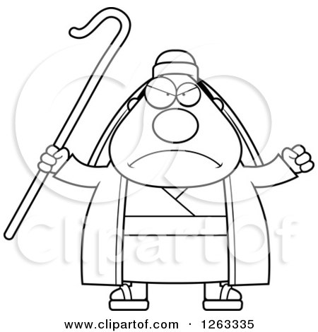 Clipart of a Black and White Cartoon Mad Chubby Male Shepherd - Royalty Free Vector Illustration by Cory Thoman