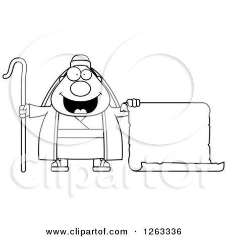 Clipart of a Black and White Cartoon Chubby Male Shepherd Holding a Scroll - Royalty Free Vector Illustration by Cory Thoman