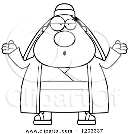 Clipart of a Black and White Cartoon Careless Shrugging Chubby Male Shepherd - Royalty Free Vector Illustration by Cory Thoman