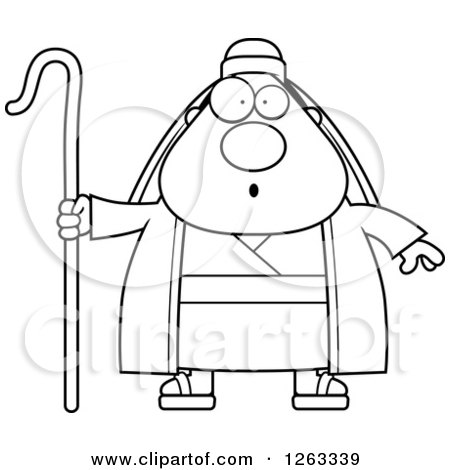 Clipart of a Black and White Cartoon Surprised Chubby Male Shepherd - Royalty Free Vector Illustration by Cory Thoman