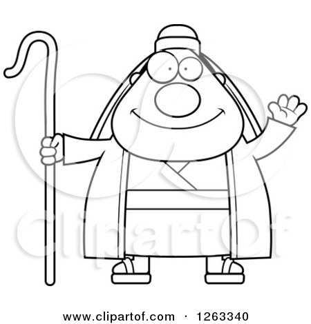 Clipart of a Black and White Cartoon Friendly Waving Chubby Male Shepherd - Royalty Free Vector Illustration by Cory Thoman