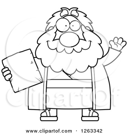 Clipart of a Black and White Cartoon Friendly Waving Chubby Moses Holding a Tablet - Royalty Free Vector Illustration by Cory Thoman