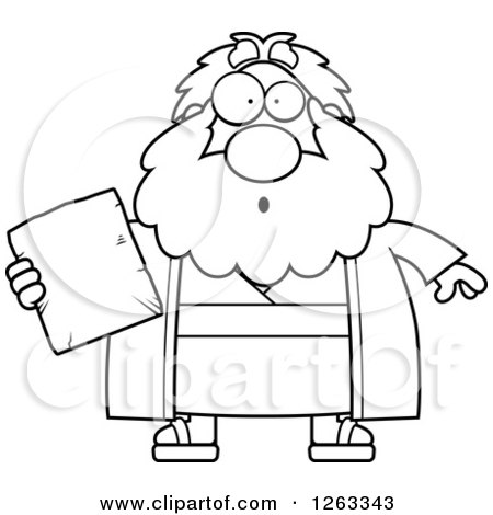 Clipart of a Black and White Cartoon Surprised Chubby Moses Holding a Tablet - Royalty Free Vector Illustration by Cory Thoman