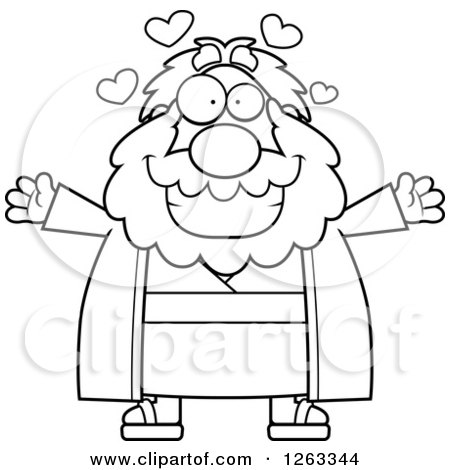 Clipart of a Black and White Cartoon Loving Chubby Moses with Open Arms and Hearts - Royalty Free Vector Illustration by Cory Thoman