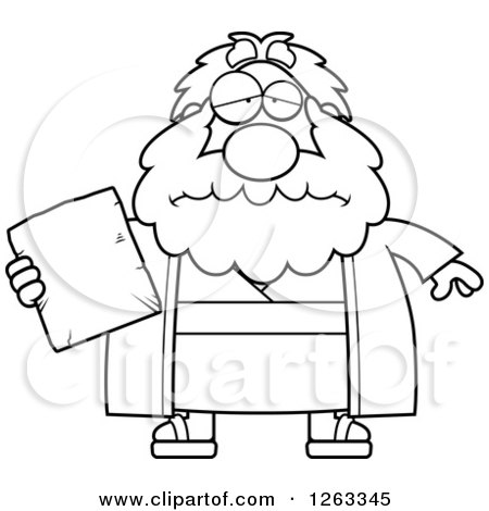 Clipart of a Black and White Cartoon Sad Depressed Chubby Moses Holding a Tablet - Royalty Free Vector Illustration by Cory Thoman
