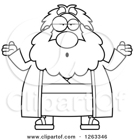 Clipart of a Black and White Cartoon Careless Shrugging Chubby Moses - Royalty Free Vector Illustration by Cory Thoman