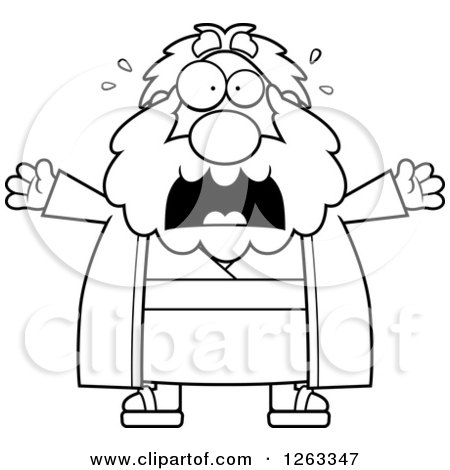 Clipart of a Black and White Cartoon Scared Screaming Chubby Moses - Royalty Free Vector Illustration by Cory Thoman