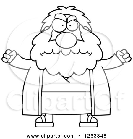 Clipart of a Black and White Cartoon Mad Chubby Moses Holding His Fsts up - Royalty Free Vector Illustration by Cory Thoman