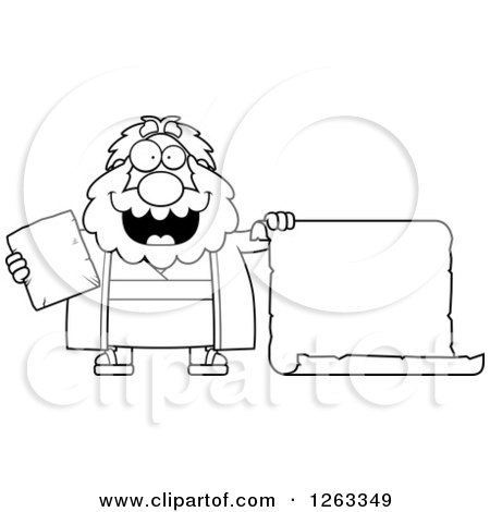 Clipart of a Black and White Cartoon Happy Chubby Moses Holding a Tablet and Scroll - Royalty Free Vector Illustration by Cory Thoman