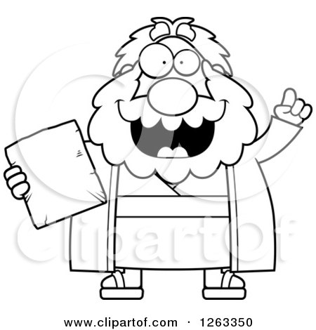 Clipart of a Black and White Cartoon Smart Chubby Moses Holding a Tablet with an Idea - Royalty Free Vector Illustration by Cory Thoman