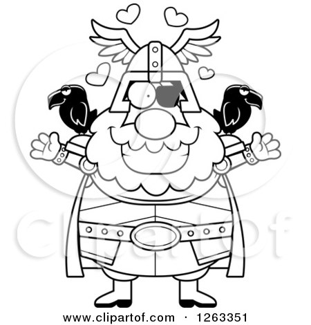 Clipart of a Black and White Cartoon Loving Chubby Odin with Open Arms and Hearts - Royalty Free Vector Illustration by Cory Thoman