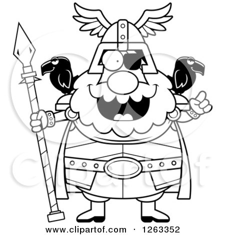 Clipart of a Black and White Cartoon Smart Chubby Odin with an Idea - Royalty Free Vector Illustration by Cory Thoman