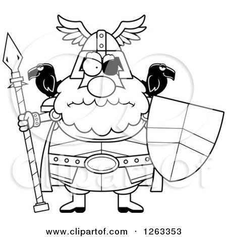 Clipart of a Black and White Cartoon Chubby Mad Odin with a Spear and Shield - Royalty Free Vector Illustration by Cory Thoman