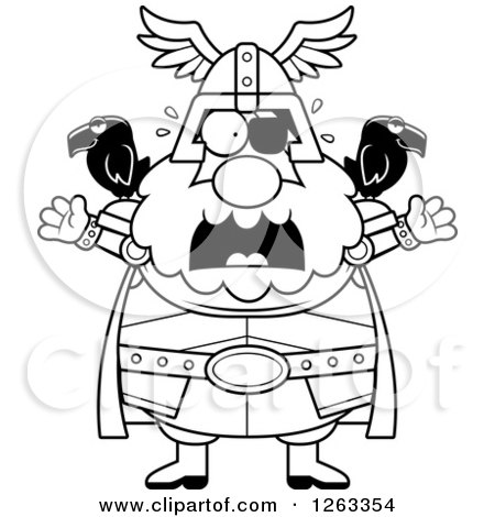 Clipart of a Black and White Cartoon Scared Screaming Chubby Odin - Royalty Free Vector Illustration by Cory Thoman