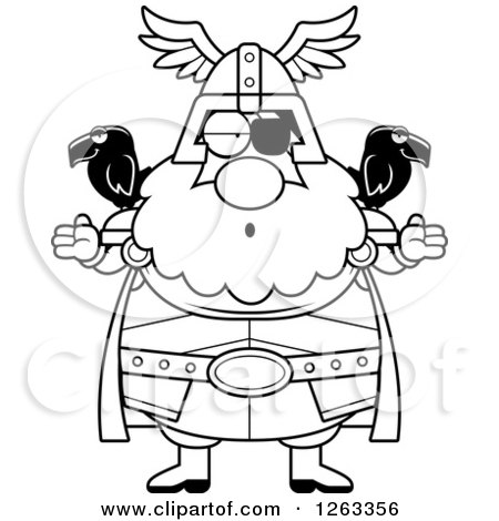 Clipart of a Black and White Cartoon Careless Shrugging Chubby Odin - Royalty Free Vector Illustration by Cory Thoman