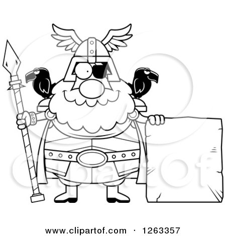 Clipart of a Black and White Cartoon Happy Chubby Odin with a Stone Sign - Royalty Free Vector Illustration by Cory Thoman