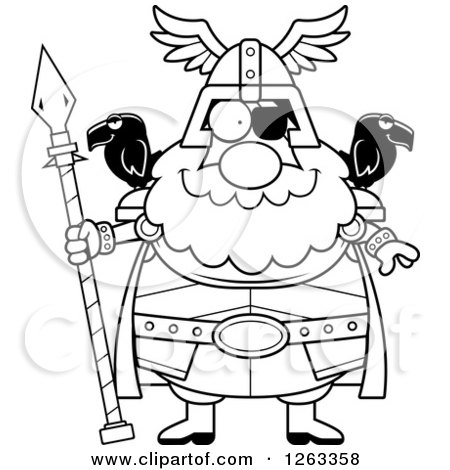 Clipart of a Black and White Cartoon Happy Chubby Odin - Royalty Free Vector Illustration by Cory Thoman