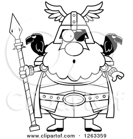 Clipart of a Black and White Cartoon Surprised Gasping Chubby Odin - Royalty Free Vector Illustration by Cory Thoman