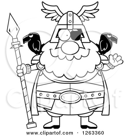 Clipart of a Black and White Cartoon Friendly Waving Chubby Odin - Royalty Free Vector Illustration by Cory Thoman