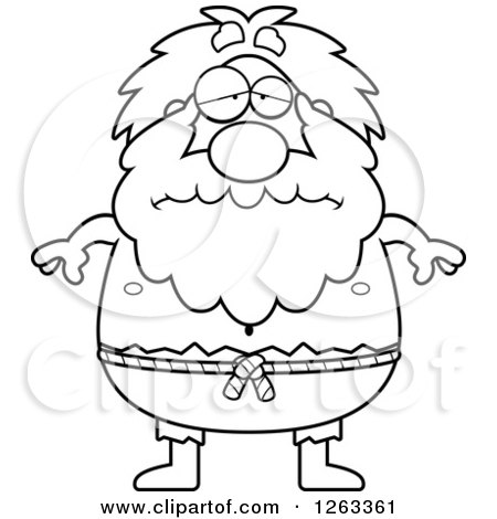 Clipart of a Black and White Cartoon Sad Depressed Chubby Hermit Man - Royalty Free Vector Illustration by Cory Thoman