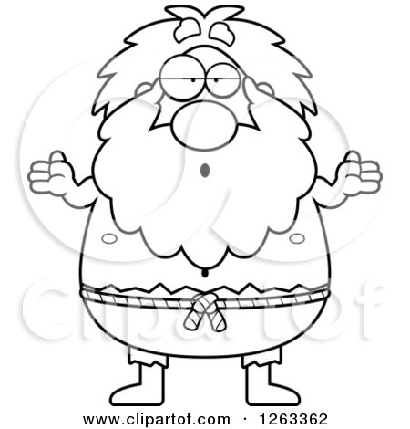 Clipart of a Black and White Cartoon Careless Shrugging Chubby Hermit Man - Royalty Free Vector Illustration by Cory Thoman